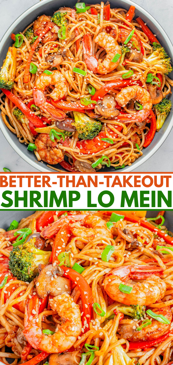 A bowl of shrimp lo mein with noodles, shrimp, broccoli, red bell pepper, green onions, and sesame seeds, arranged for serving.