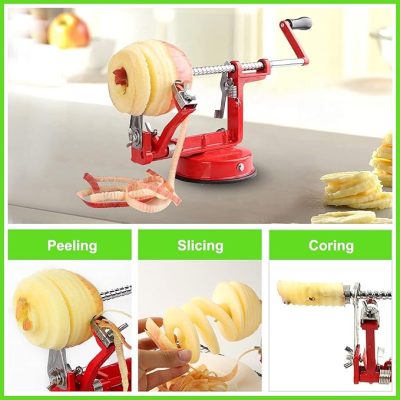 A red hand-crank apple peeler, slicer, and corer with an apple attached, demonstrating its peeling, slicing, and coring functions.