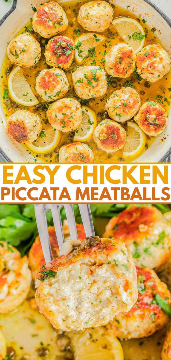 Chicken meatballs simmered in a lemony sauce with sliced lemons and herbs, shown in a skillet and on a fork to display texture; text overlay reads