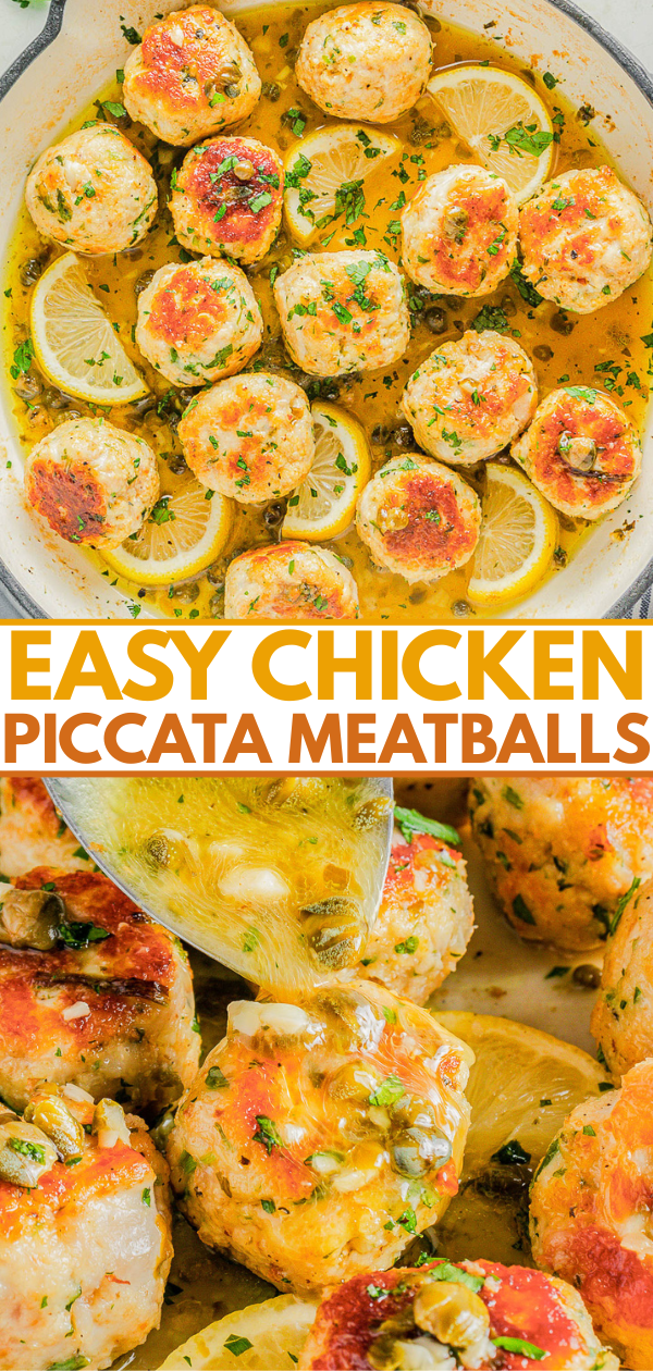 Chicken meatballs cooked with lemon slices and garnished with parsley in a skillet, with sauce being poured over them. Text overlay reads: