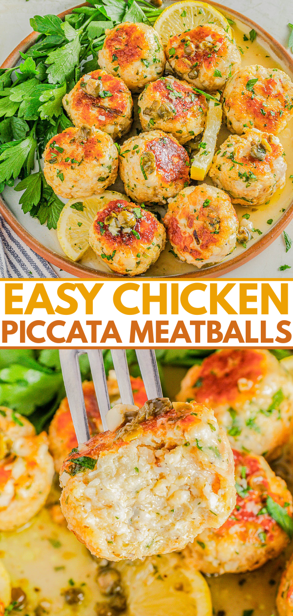 Plate of chicken meatballs in lemon caper sauce, garnished with lemon slices and parsley, with a fork holding one meatball up for a close-up view. Text overlay: