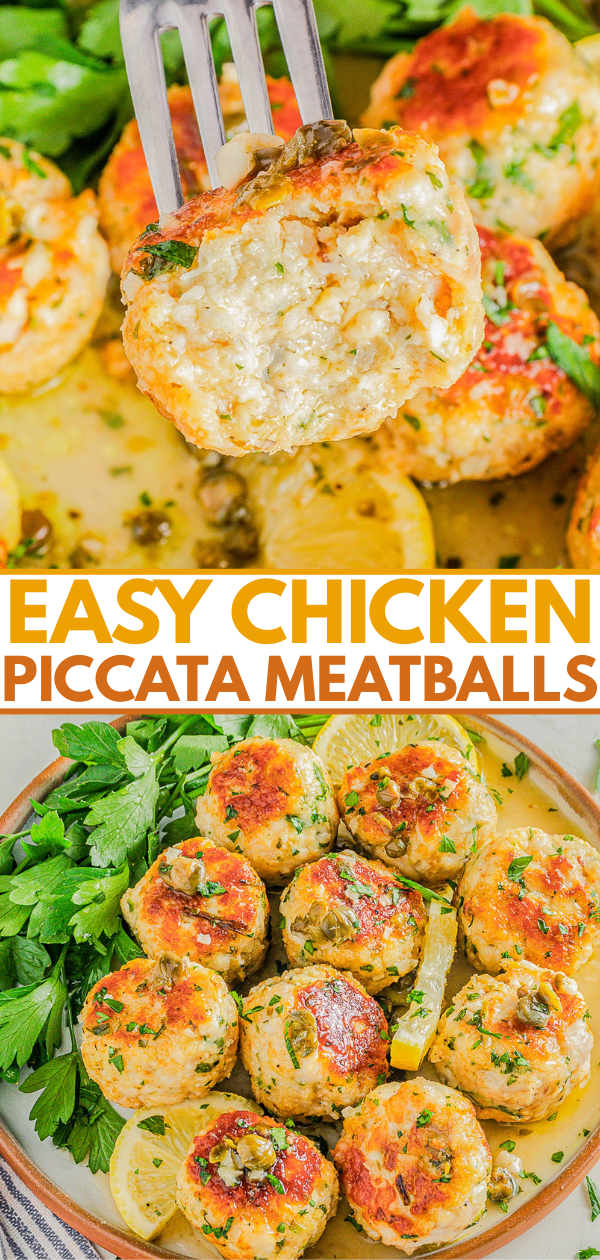 A plate of chicken piccata meatballs garnished with lemon slices and parsley, with one meatball on a fork showing the inside texture.