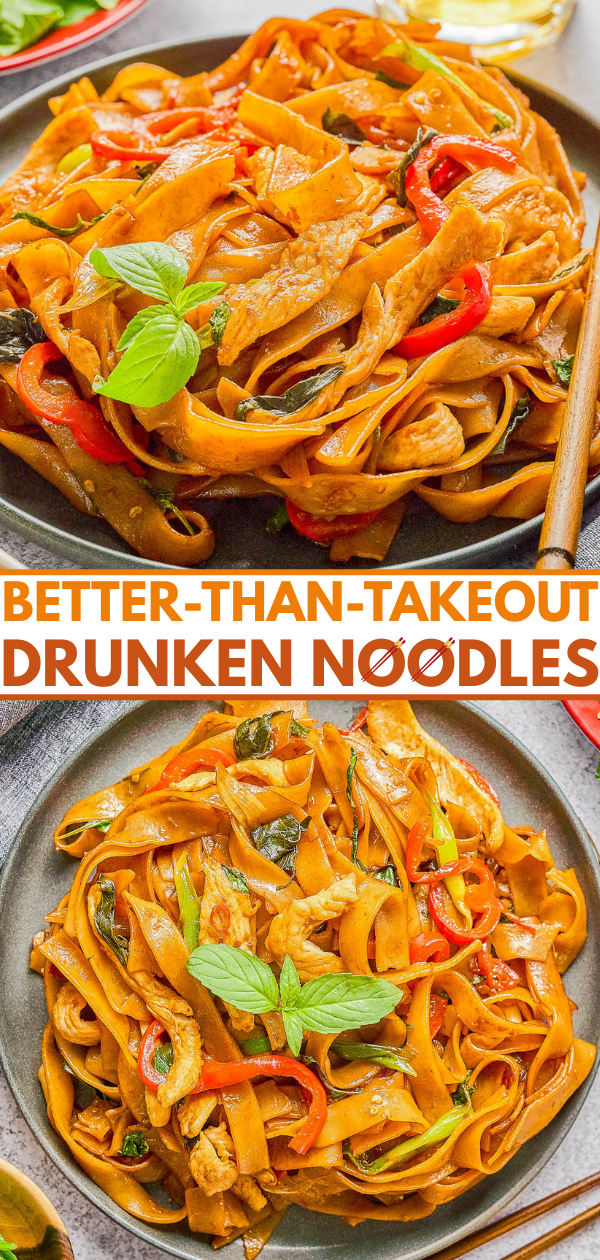 Two plates of drunken noodles with wide rice noodles, vegetables, and basil, garnished with fresh basil leaves. Text overlay reads “Better-Than-Takeout Drunken Noodles.”.