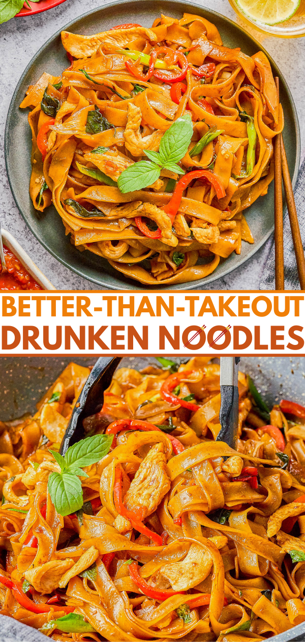 A bowl of drunken noodles with chicken, red peppers, and fresh basil, garnished with lime slices, with chopsticks placed on the side.