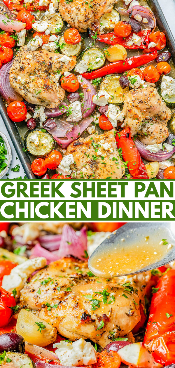 Sheet pan with baked chicken thighs, zucchini, red onion, tomatoes, bell peppers, olives, and crumbled cheese, garnished with herbs and served with sauce.