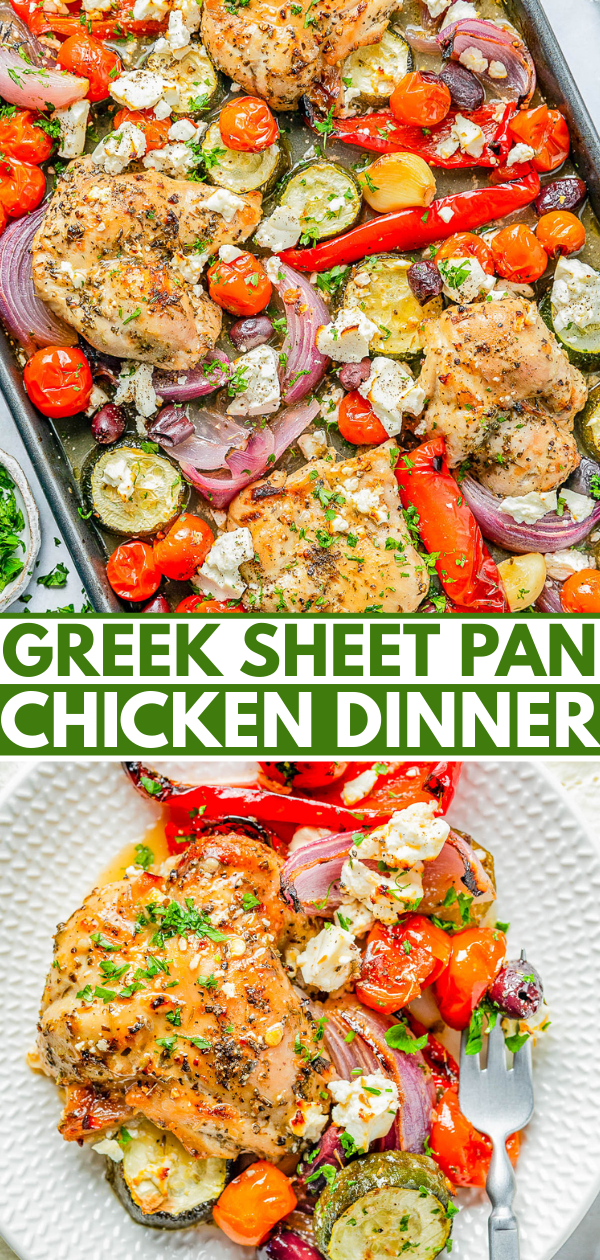 Baked chicken thighs with cherry tomatoes, zucchini, red onions, bell peppers, olives, and feta cheese, garnished with parsley on a sheet pan and served on a plate.