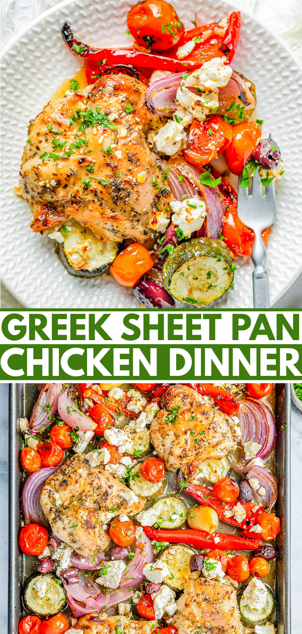 A sheet pan with Greek-style baked chicken, zucchini, tomatoes, red onions, bell peppers, and feta, served on a white plate with herbs.