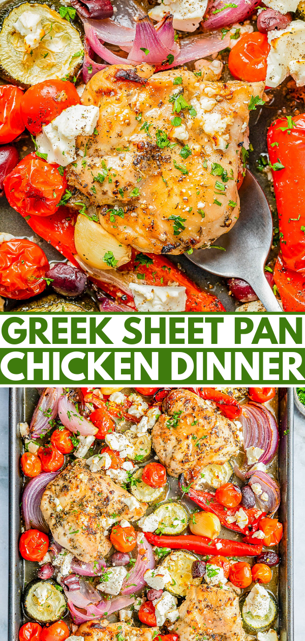 Baked chicken breasts with cherry tomatoes, red onions, zucchini, and red bell peppers, garnished with feta cheese and herbs on a sheet pan. Text reads: "Greek Sheet Pan Chicken Dinner.