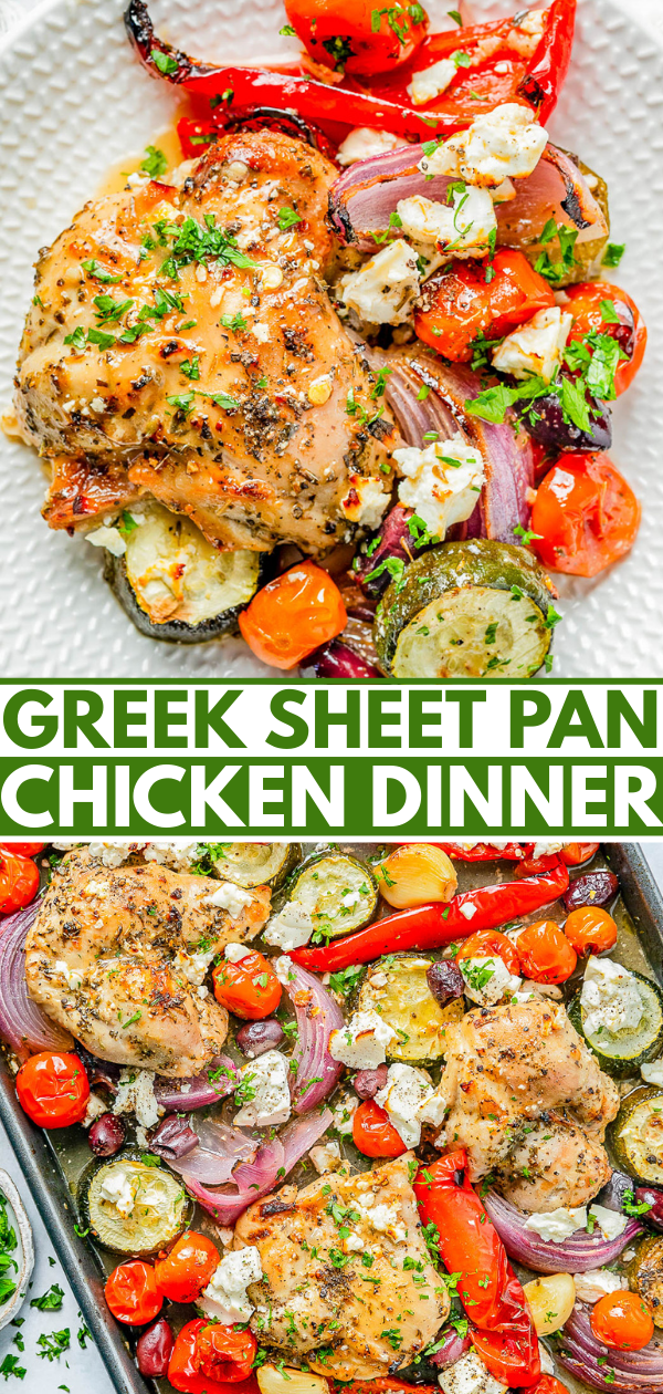 Baked chicken thighs with zucchini, cherry tomatoes, red onions, red bell peppers, and feta cheese, garnished with parsley, on a white plate and a sheet pan.