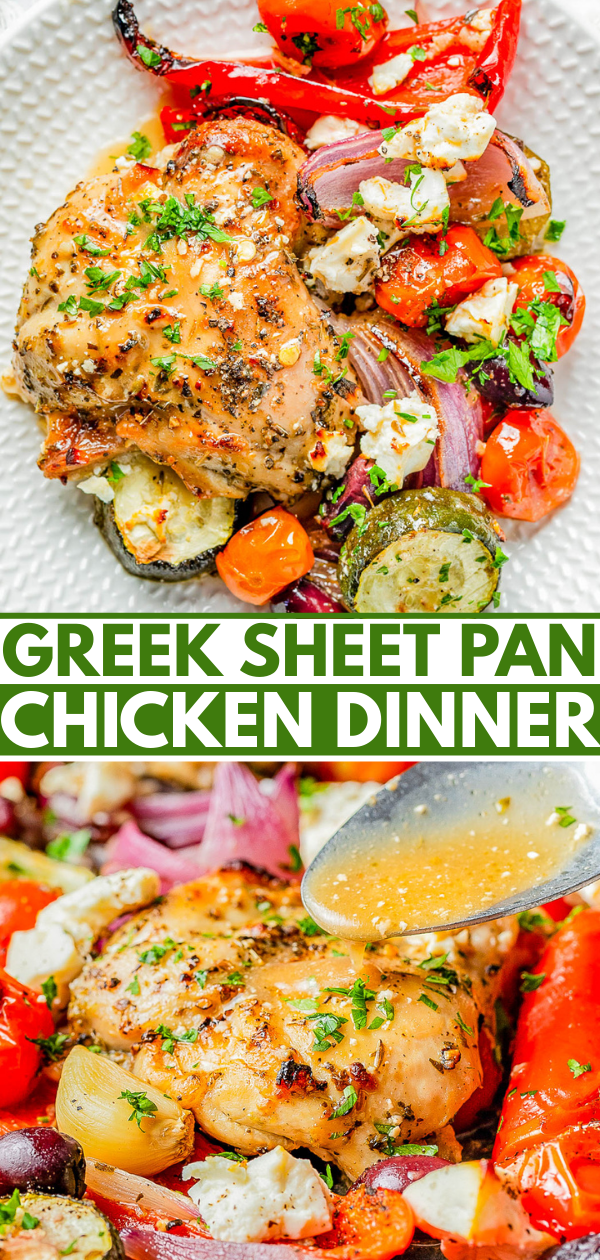Sheet pan Greek chicken served with roasted red peppers, cherry tomatoes, red onions, zucchini, and crumbled feta cheese, garnished with herbs on a white plate.
