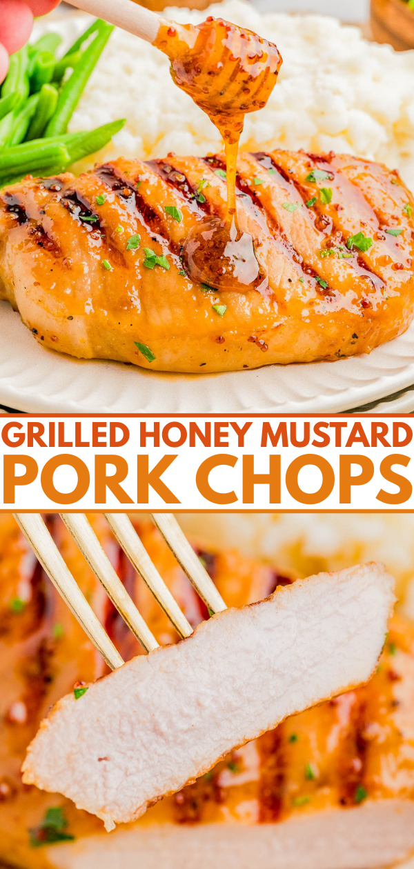 Grilled honey mustard pork chops served with green beans and mashed potatoes, shown whole and sliced, with a drizzle of sauce on top.