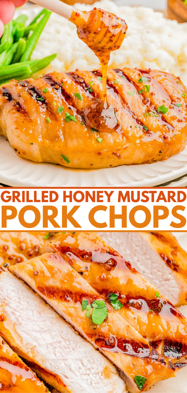 Grilled honey mustard pork chops served with green beans and mashed potatoes, shown whole and sliced, garnished with herbs.