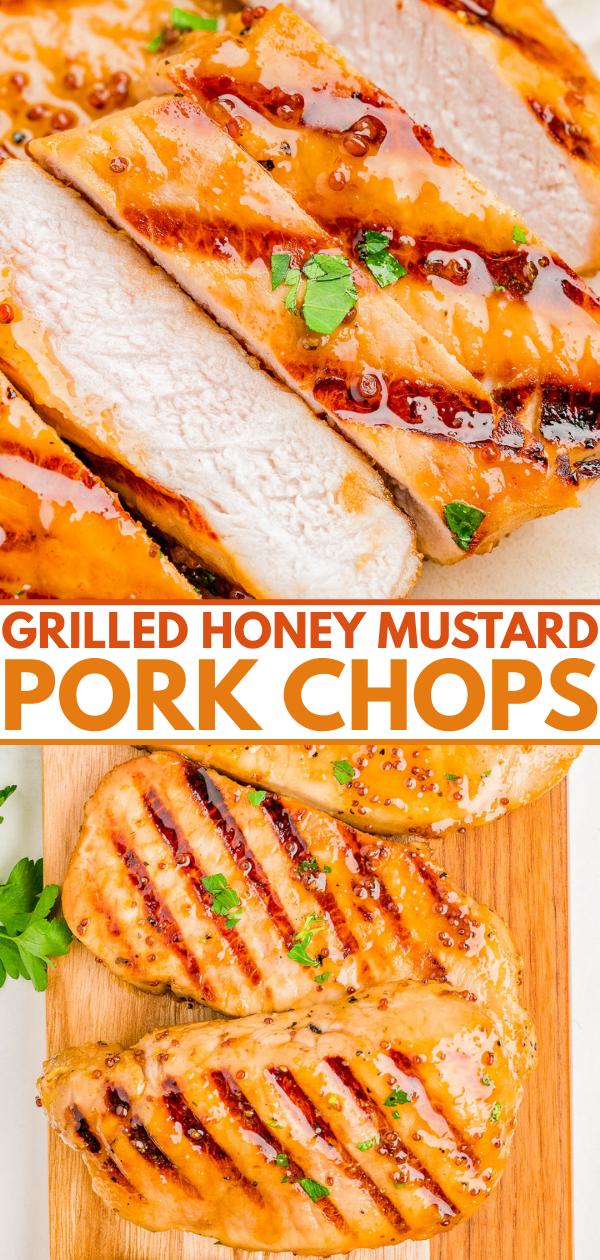 Grilled pork chops topped with honey mustard glaze, garnished with herbs, displayed on a wooden board and white surface. Text overlay reads "Grilled Honey Mustard Pork Chops.
