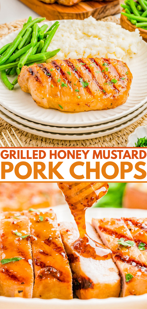 Grilled honey mustard pork chops served with green beans and mashed potatoes, shown whole and sliced with sauce being drizzled on top.