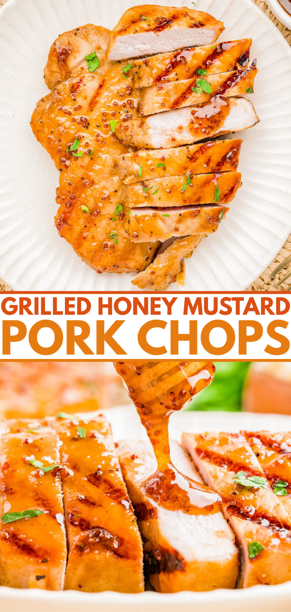 Sliced grilled pork chops topped with honey mustard sauce, garnished with chopped herbs, shown on a plate and being drizzled with extra sauce.