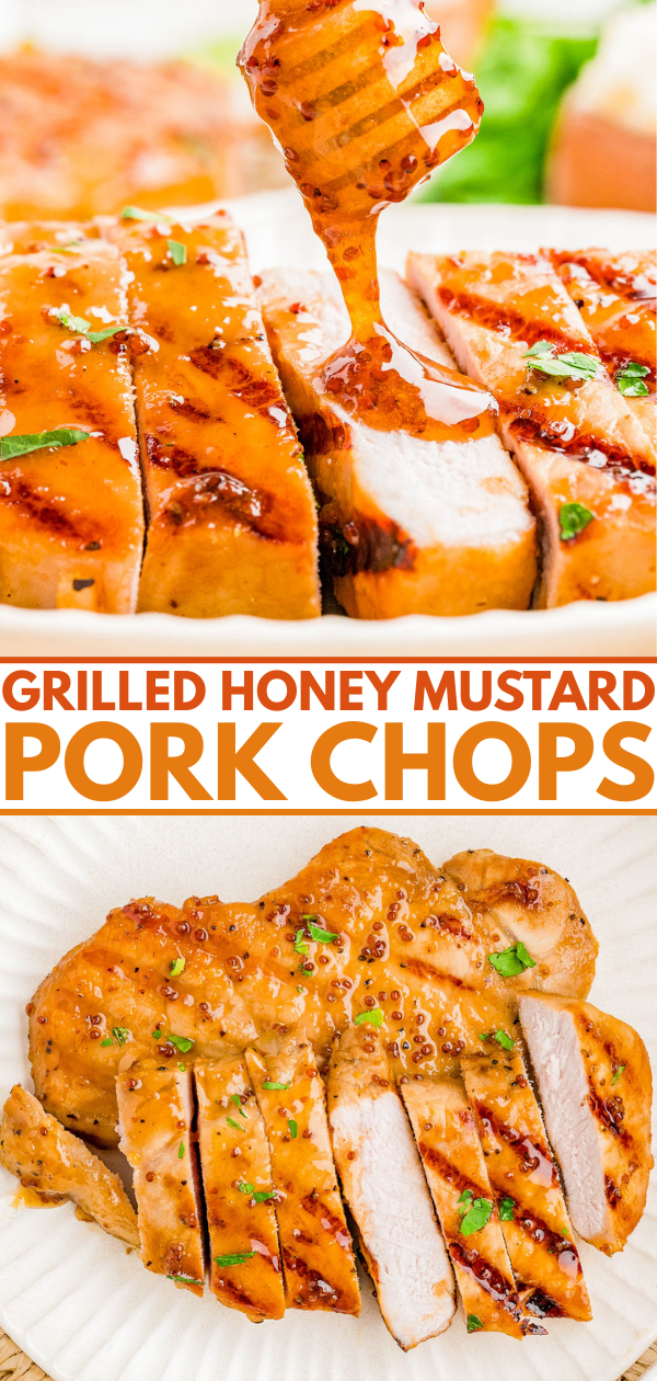 Sliced grilled pork chops topped with honey mustard glaze, garnished with green onions, shown on a plate.