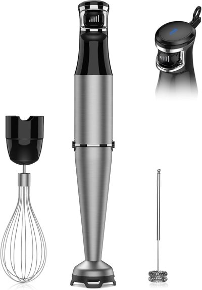 Stainless steel hand blender set with whisk, frother, and detachable blending shaft, shown with close-up of digital control panel.