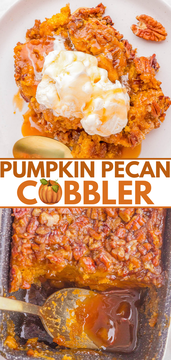 A serving of pumpkin pecan cobbler topped with ice cream on a white plate, shown above a baking dish of cobbler with a spoon and visible syrupy sauce.