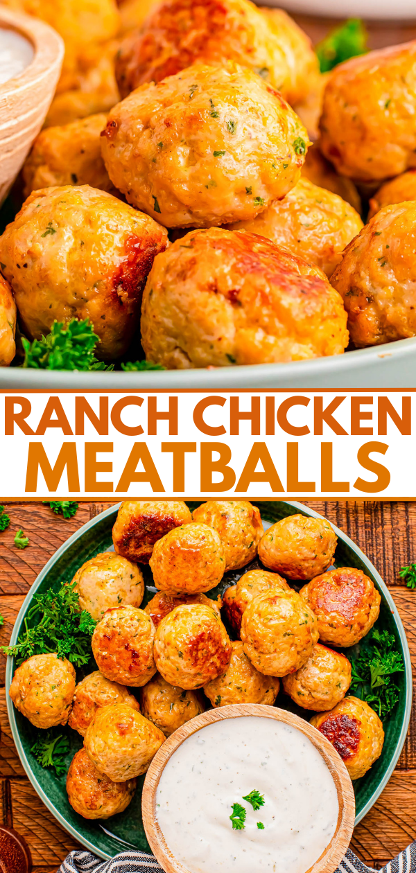A plate of baked ranch chicken meatballs is served with a bowl of ranch dipping sauce, garnished with fresh parsley.
