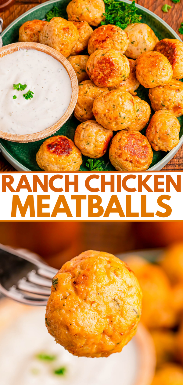 A plate of ranch chicken meatballs with a side of dipping sauce, and a close-up of one meatball held by a fork.