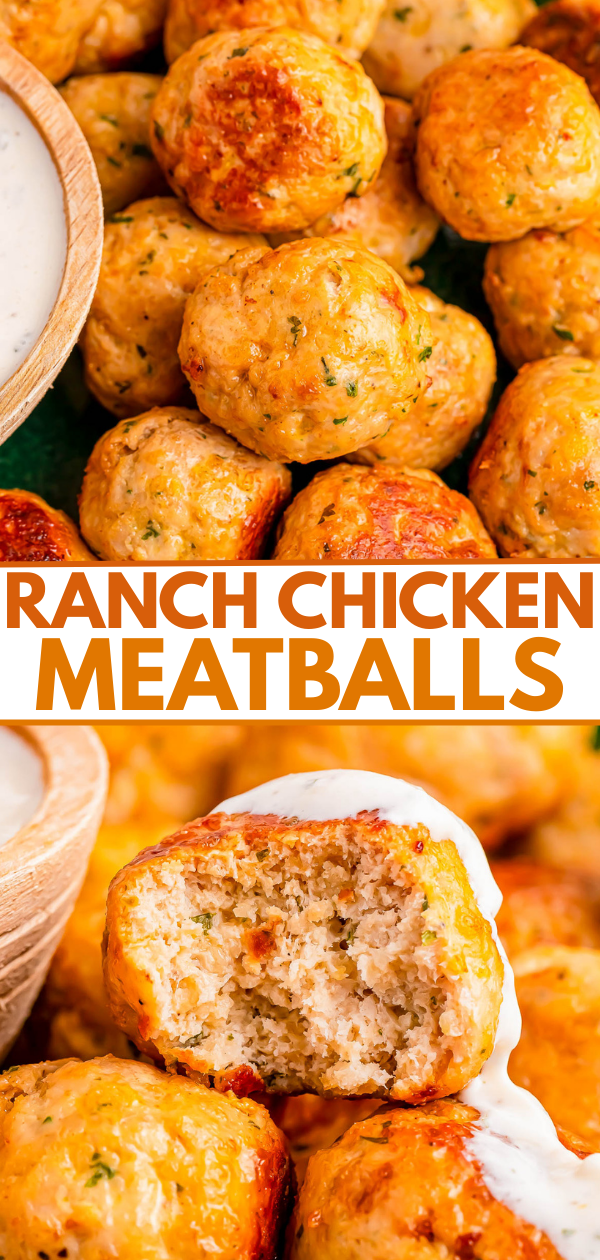 Close-up of golden brown chicken meatballs grouped together, with one meatball cut open and dipped in a white ranch sauce, text overlay reads "Ranch Chicken Meatballs.