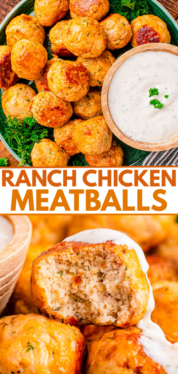 Plate of baked chicken meatballs garnished with parsley, served with a bowl of ranch dressing; one meatball is cut open to show the inside texture. Text reads "Ranch Chicken Meatballs.