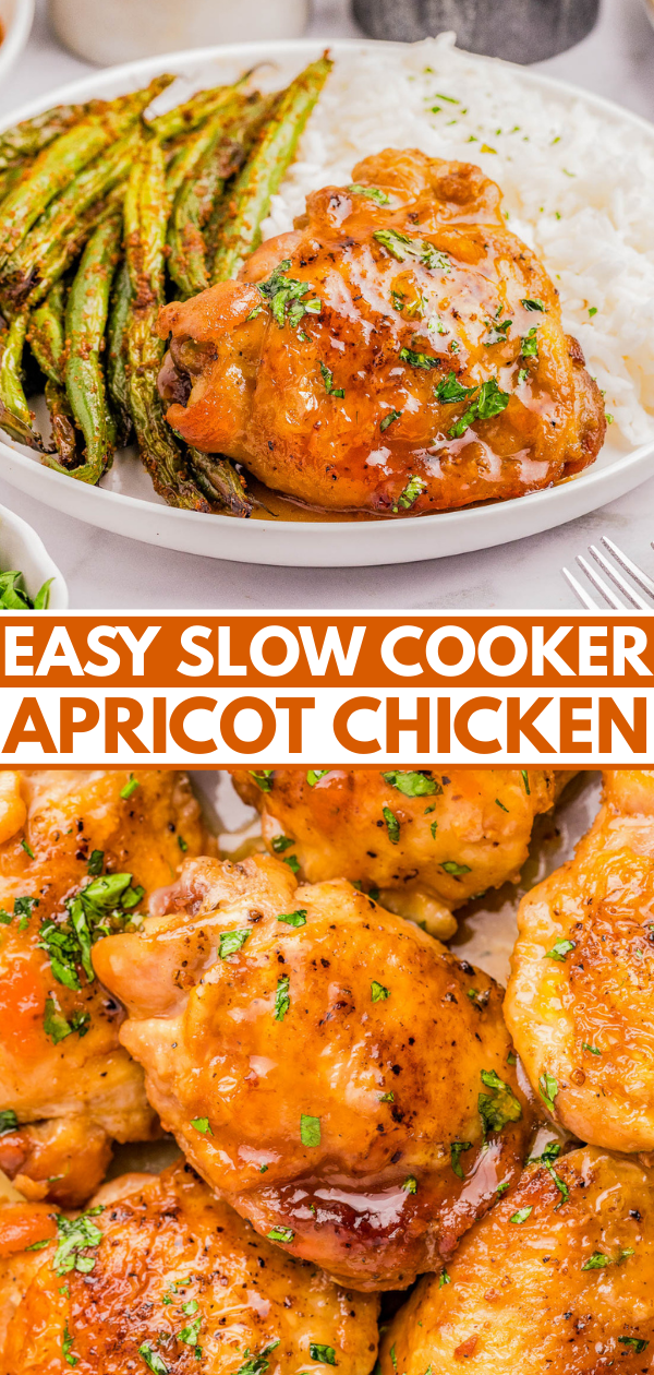 A plate of apricot-glazed chicken served with roasted asparagus and white rice, with additional pieces of glazed chicken displayed below. Text reads "Easy Slow Cooker Apricot Chicken.