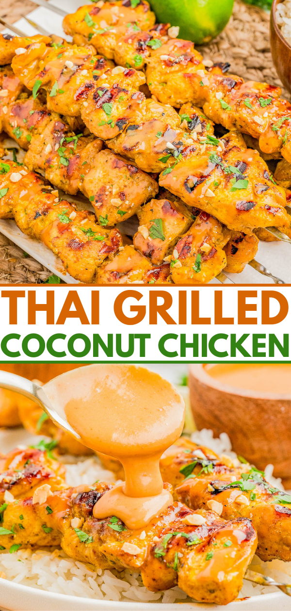 Grilled coconut chicken skewers topped with a creamy orange sauce, garnished with herbs, served on a plate and over rice. Text reads "Thai Grilled Coconut Chicken.