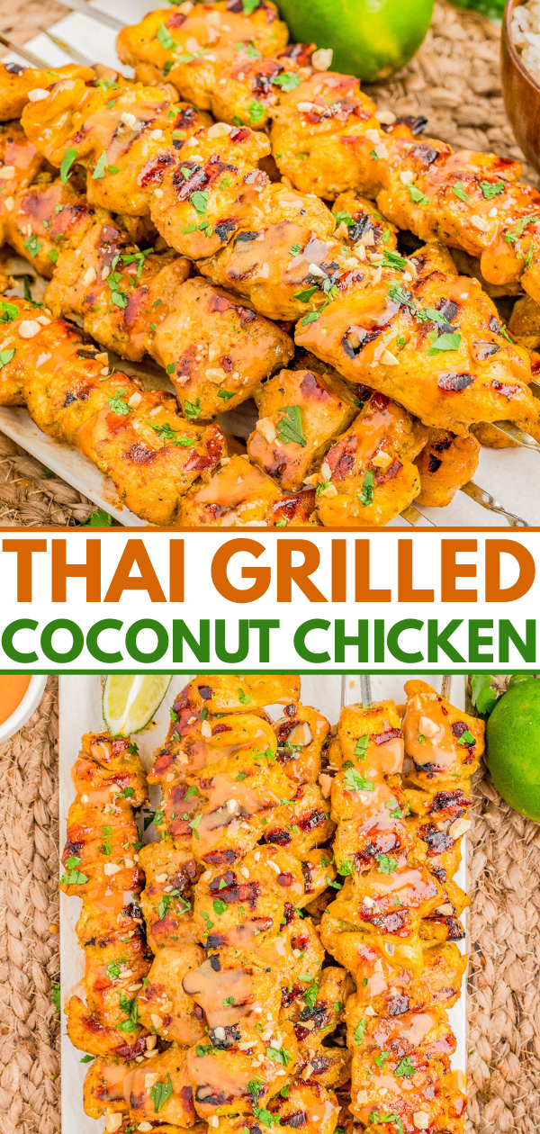 Grilled chicken skewers topped with herbs and a creamy orange sauce, labeled as "Thai Grilled Coconut Chicken," displayed on a platter with limes.