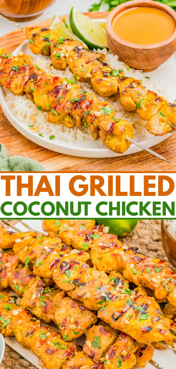 Skewers of grilled coconut chicken served on rice with a side of dipping sauce, garnished with herbs and lime wedges.