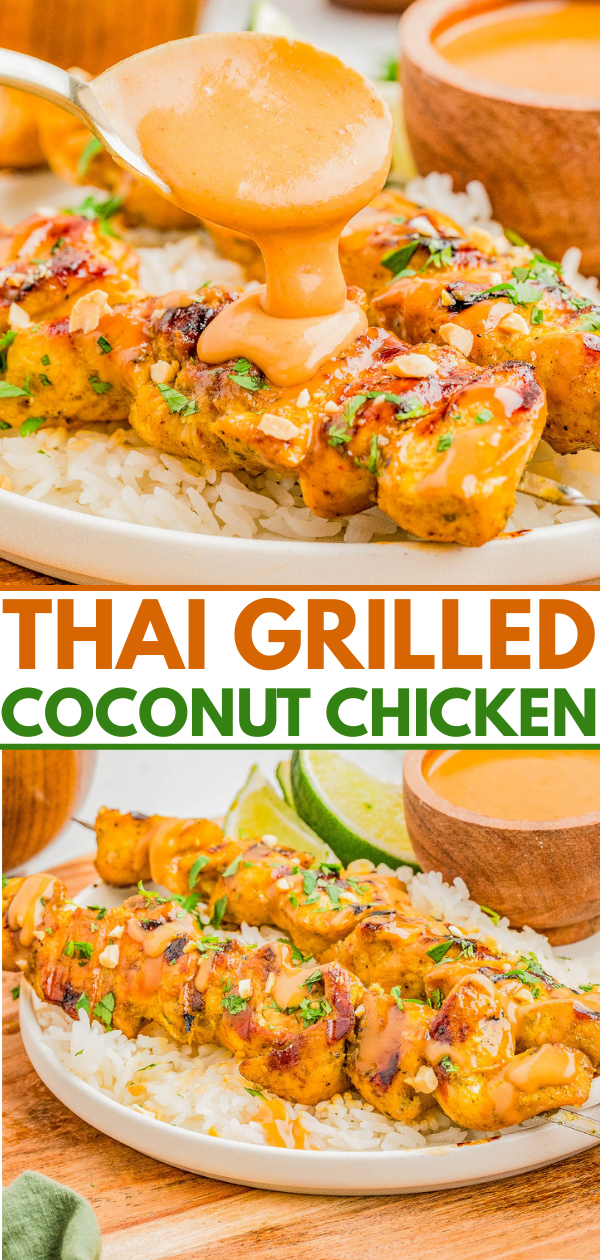 Skewered Thai grilled coconut chicken is served over rice and topped with a creamy orange sauce, garnished with herbs and lime wedges on the side.