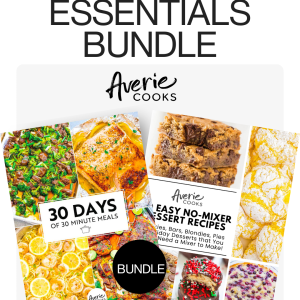 Image showing the "Averie Cooks Essentials Bundle," featuring two cookbooks: "30 Days of 30 Minute Meals" and "Easy No-Mixer Dessert Recipes," with photos of various dishes and desserts.