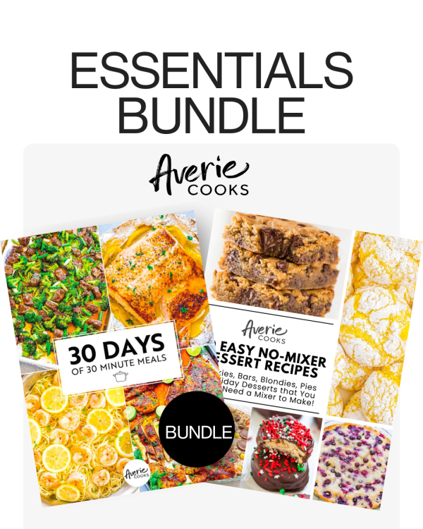 Image showing the "Averie Cooks Essentials Bundle," featuring two cookbooks: "30 Days of 30 Minute Meals" and "Easy No-Mixer Dessert Recipes," with photos of various dishes and desserts.