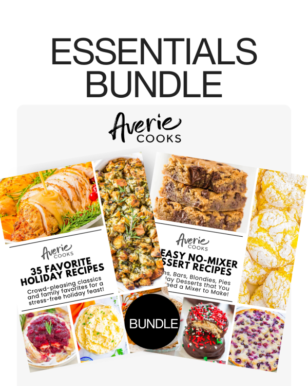 Averie Cooks Essentials Bundle featuring two recipe collections: 35 Favorite Holiday Recipes and 25 Easy No-Mixer Dessert Recipes, with images of prepared dishes.