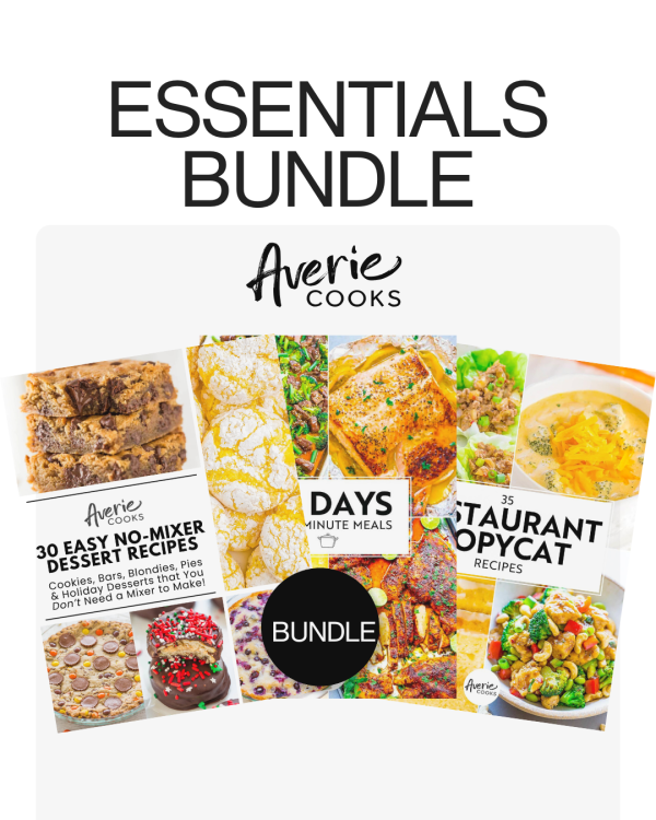 Cover image featuring the 'Essentials Bundle' by Averie Cooks, which includes three recipe books: no-mixer desserts, 30-minute meals, and restaurant copycat recipes.