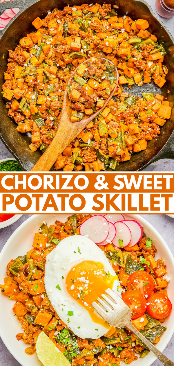 A skillet filled with cooked chorizo, sweet potatoes, and vegetables; served on a plate topped with a fried egg, cherry tomatoes, radish slices, and a lime wedge.