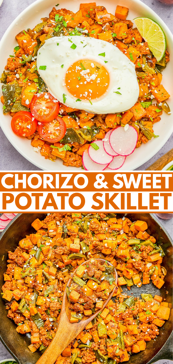 A skillet filled with chorizo and diced sweet potatoes is topped with a fried egg, sliced tomatoes, radishes, herbs, and a lime wedge. Text reads "Chorizo & Sweet Potato Skillet.