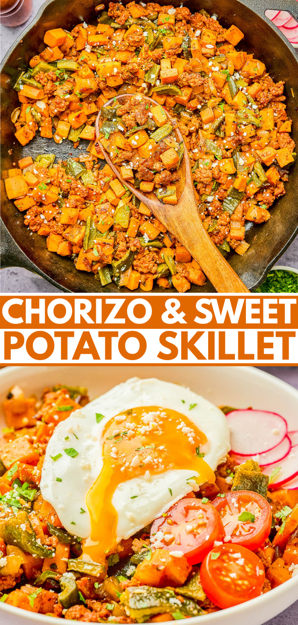 A skillet filled with diced chorizo, sweet potatoes, and vegetables, topped with a fried egg, cherry tomatoes, and sliced radishes.