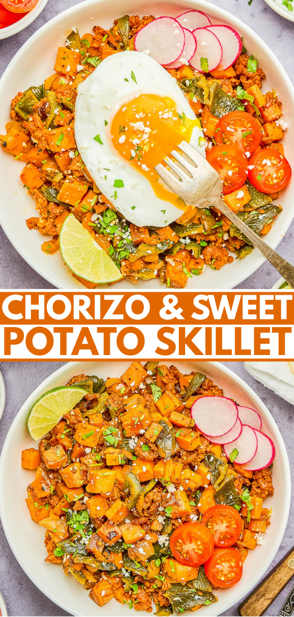 Overhead view of a chorizo and sweet potato skillet topped with a sunny-side-up egg, cherry tomatoes, radishes, lime wedge, and chopped chives, served in a white bowl.