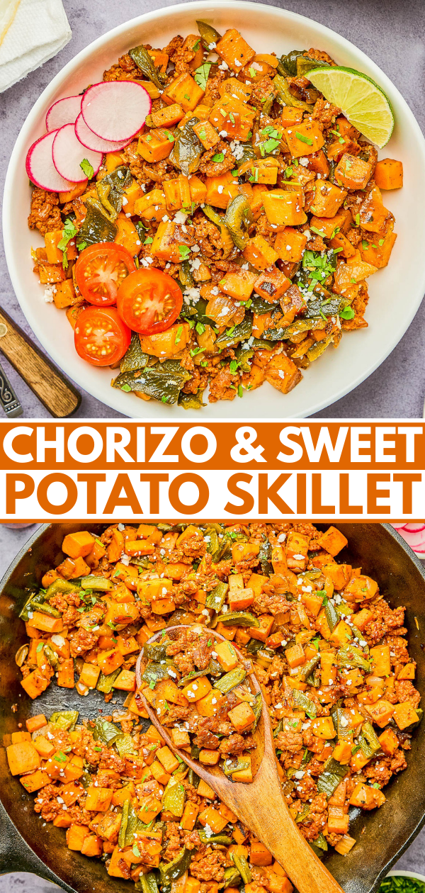 Top: A white plate with chorizo, sweet potato, green peppers, radishes, cherry tomatoes, lime, and cilantro. Bottom: Chorizo and sweet potato skillet in a cast iron pan with a wooden spoon.