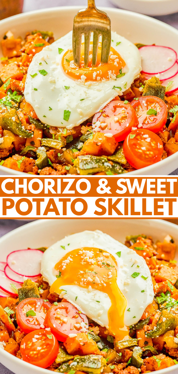 A bowl of chorizo and sweet potato skillet topped with a sunny-side-up egg, cherry tomatoes, radish slices, and herbs; a fork pierces the egg yolk.