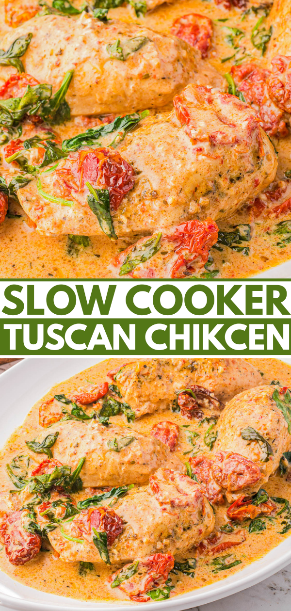 Slow cooker Tuscan chicken with spinach, sun-dried tomatoes, and a creamy sauce, served in a white dish.