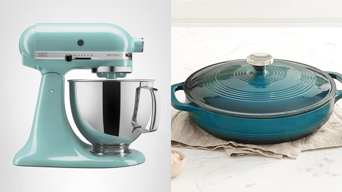 A light blue stand mixer and a blue enameled cast iron pan with a lid are shown side by side on a white background.