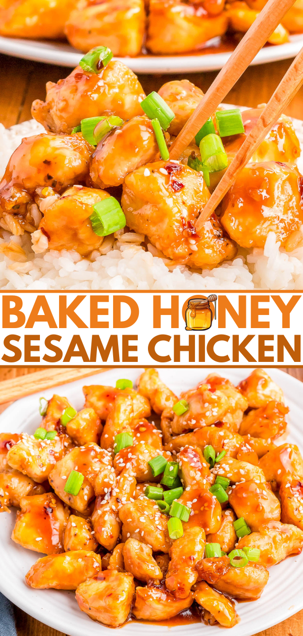 Baked honey sesame chicken garnished with green onions and sesame seeds, served over white rice on a plate.