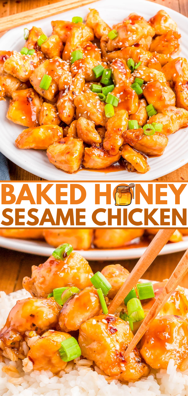 Plate of baked honey sesame chicken garnished with chopped green onions, shown served over white rice and held with chopsticks. Text overlay reads "Baked Honey Sesame Chicken.