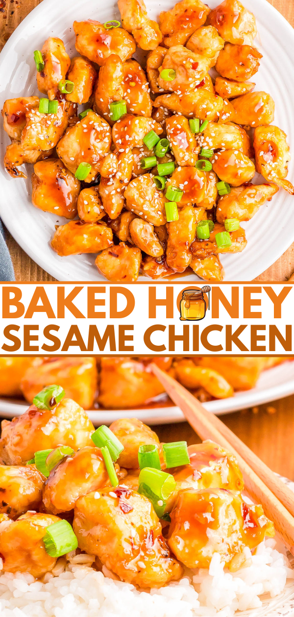 Plate of baked honey sesame chicken garnished with sesame seeds and green onions, served on a bed of white rice with chopsticks.