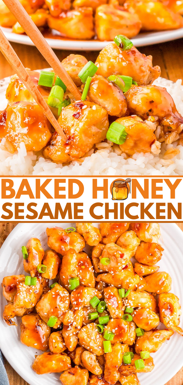 Baked honey sesame chicken garnished with green onions served over rice and on a plate, topped with sesame seeds and sauce.