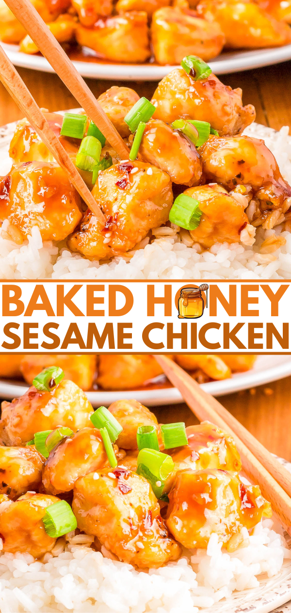 A plate of white rice topped with pieces of honey sesame chicken, garnished with chopped green onions, with chopsticks picking up a piece.