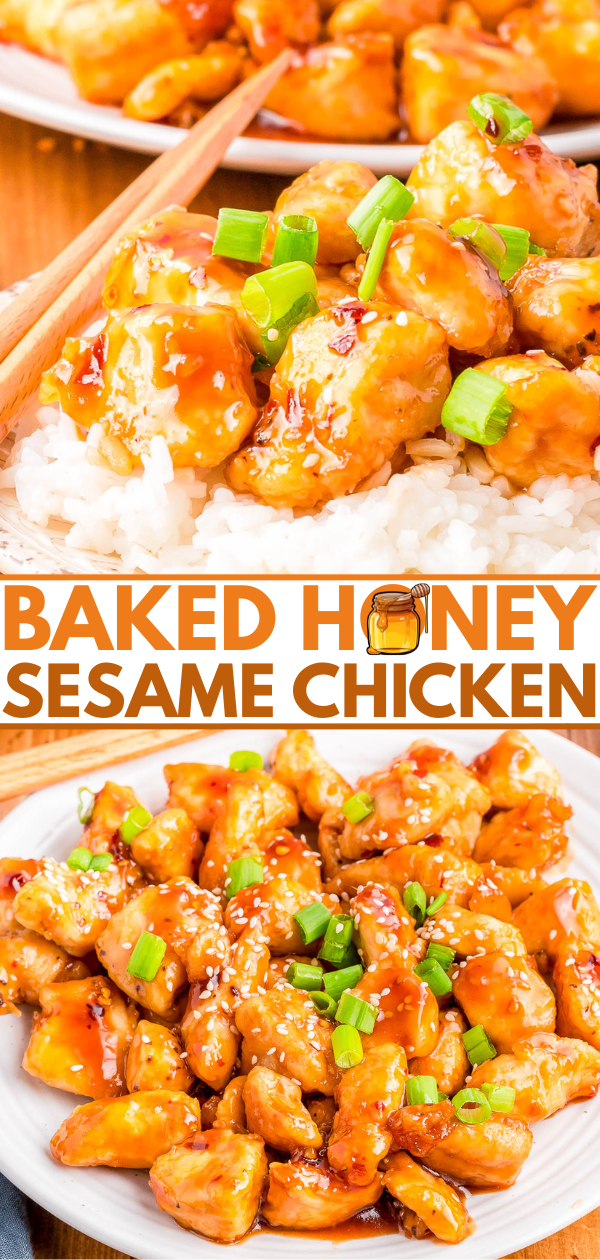 Plate of baked honey sesame chicken garnished with green onions and sesame seeds, served over white rice. Text overlay reads "Baked Honey Sesame Chicken.