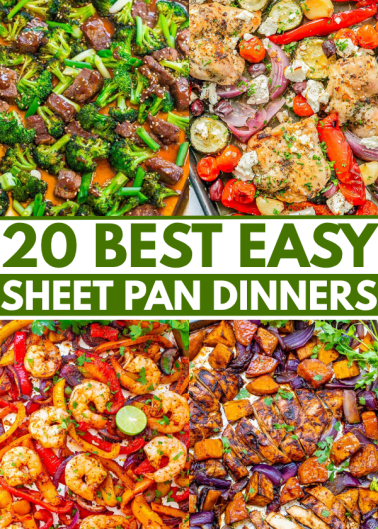 A collage of four colorful sheet pan dinners with vegetables, shrimp, chicken, and beef, labeled "20 Best Easy Sheet Pan Dinners.